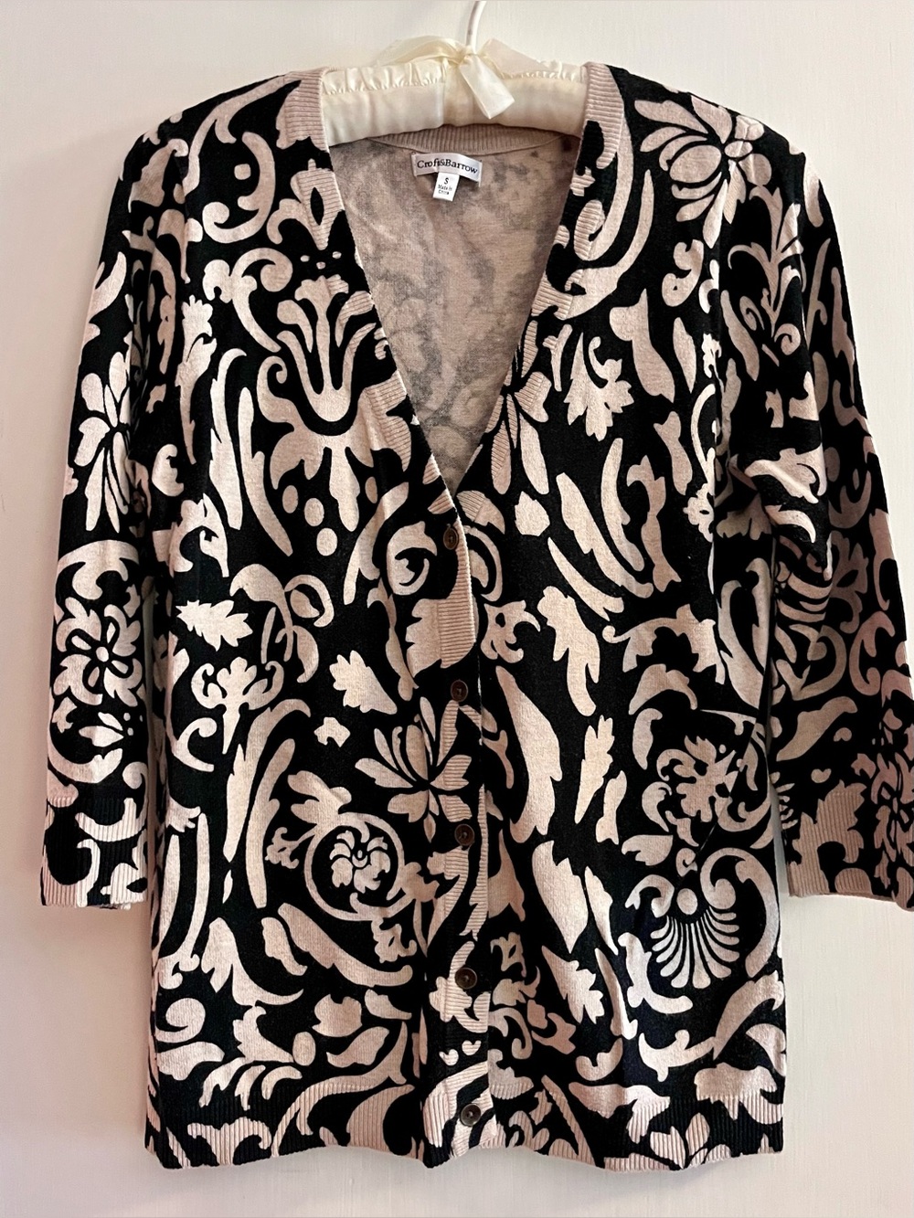 croft & barrow Black and Cream Button-Front Cardigan Swirling Botanical Motif